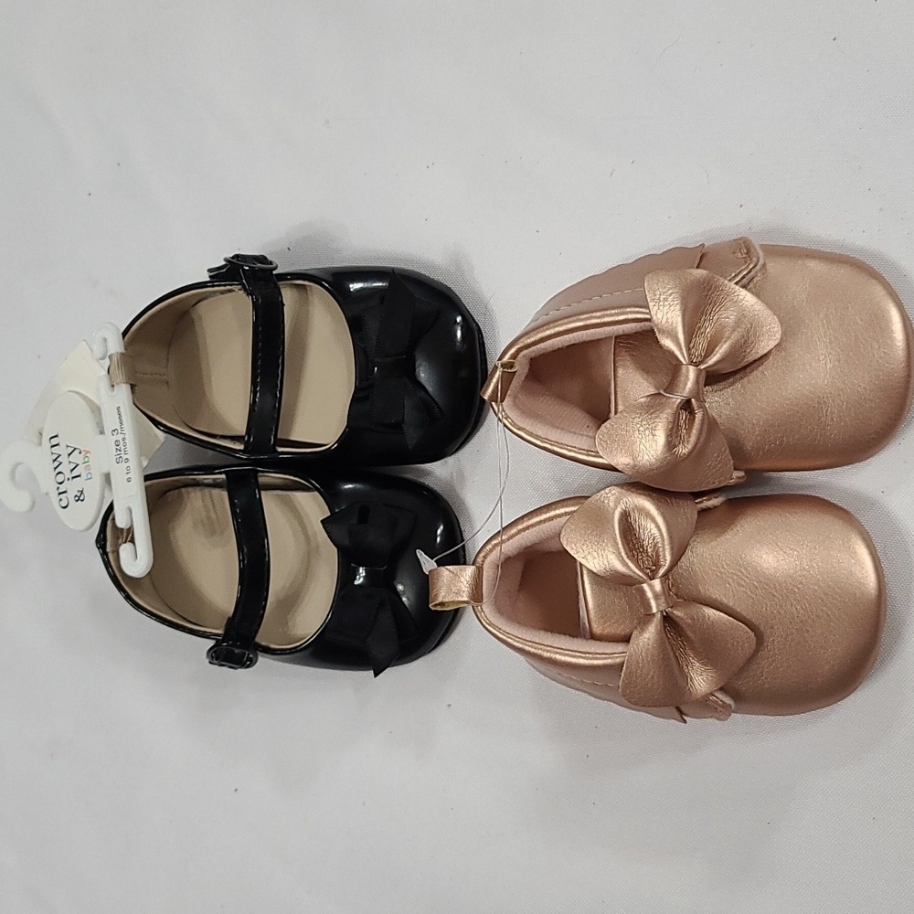 NWT Crown & Ivy Infant Girls Black Shoes Sz 3 NWOT Carters Moccasins Rose Sz 3-6